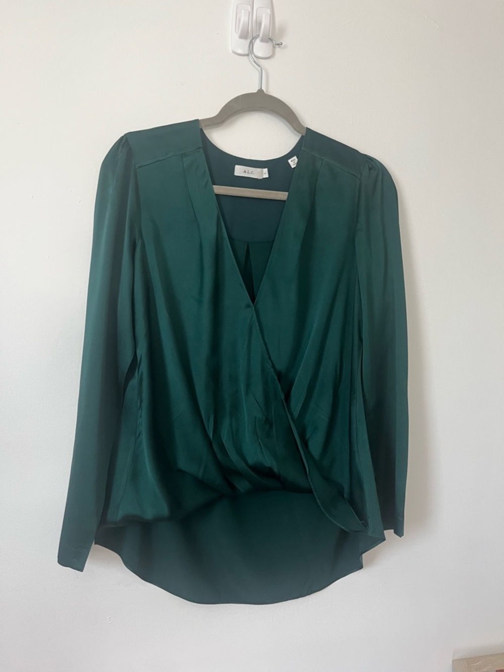 A.L.C. Deep Green Satin Wrap-Front Blouse
